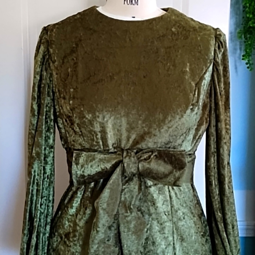 Vintage-Inspired Green Panne Velvet Dress